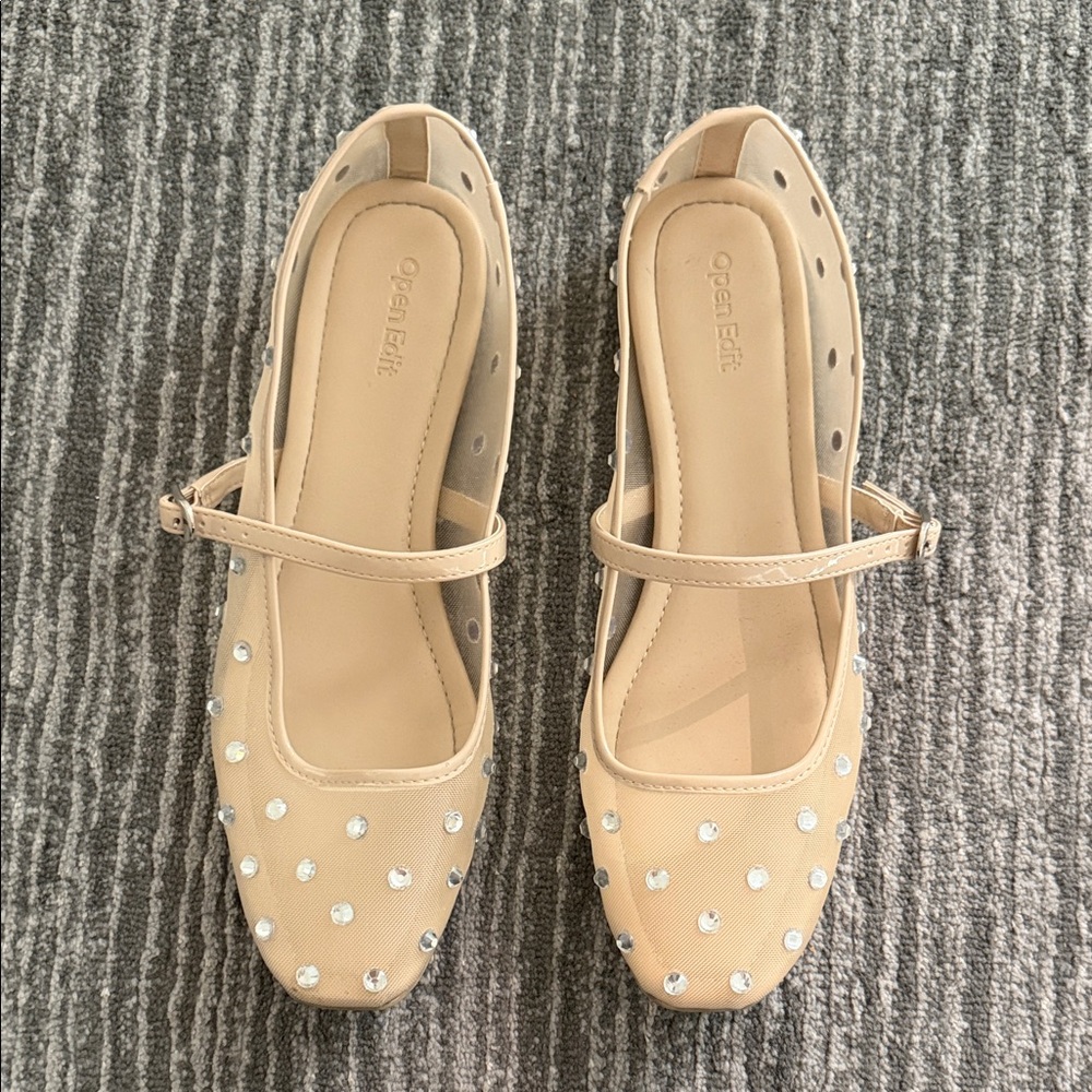 Open Edit, Beige Crystal Mary Jane Flats